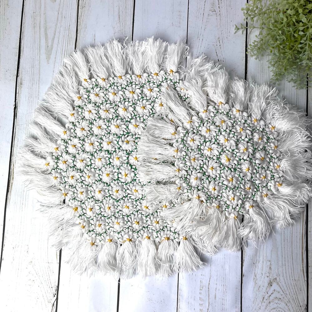 2 Handmade Crochet Daisy Doilies Decorative Fringe White Yellow Green Cottage
